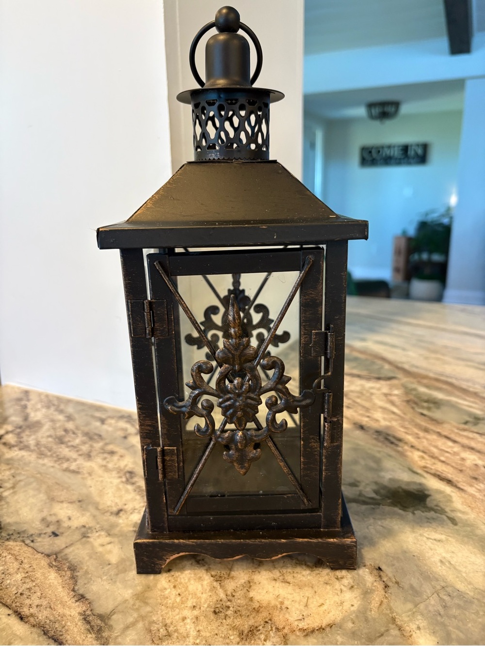 Decorative Brown Metal Lantern with Ornate Panels